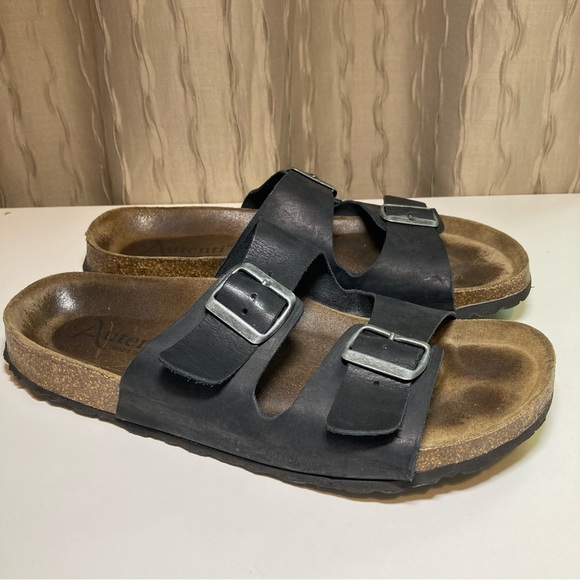 Autenti Made in Spain Men's 43 US 10 Leather Double Band Buckle Black Sandal - Picture 3 of 15